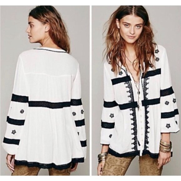 Free People White and Black Embroidered Button Boho Top - M - Picture 1 of 4